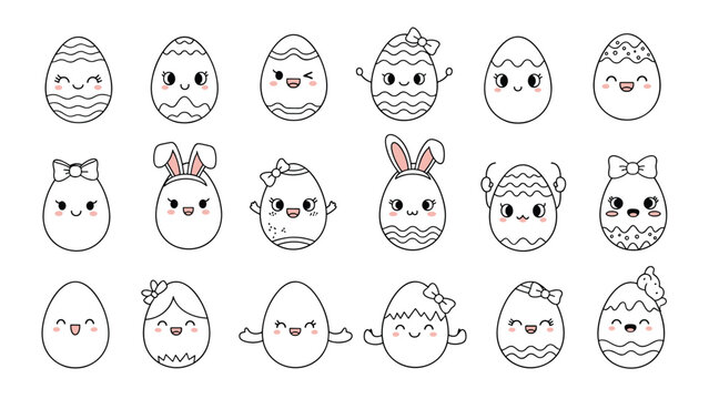 Cute collection of Easter eggs with funny faces and bunny ears presented as a black and white coloring page for children to enjoy.