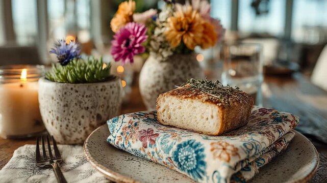 Crusty Sourdough Bread Slice on Plate with Linen Napkin - Rustic Food Still Life Photography