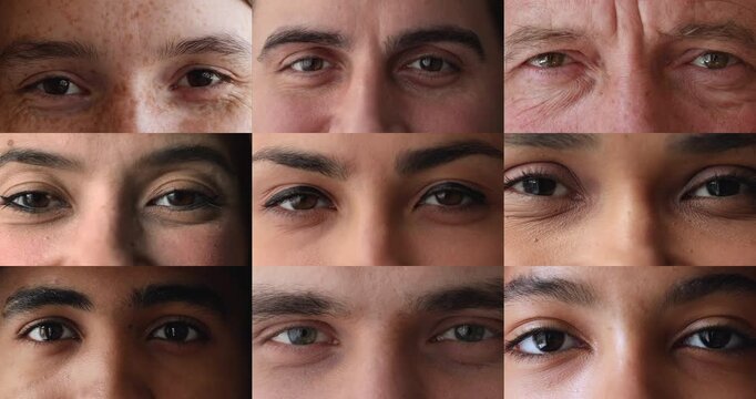 Eyes close up of various senior and young people looking at camera, getting happy, smiling. Models of different ages, races, genders getting good vision, healthy eyesight. Collage of upper faces