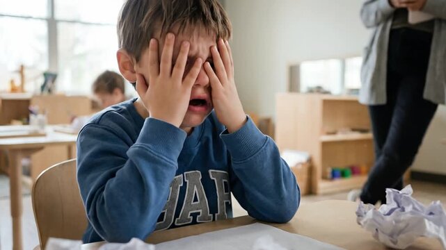 Young Child in Classroom Cries in Distress with Crumpled Papers on Desk and Teacher Nearby