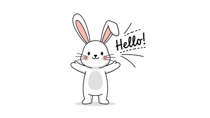 Fototapeta premium Adorable white cartoon rabbit waves happily and says hello in this simple and charming illustration for children or cards.