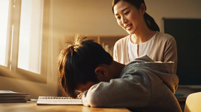 Supportive Adult Comforts Upset Child at Desk in Warm Light