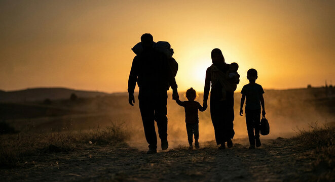 Humanitarian crisis concept, silhouettes of displaced family walking against dramatic sunset sky, soft dusty atmosphere