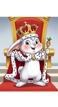 Cartoon rabbit king sitting on throne.
