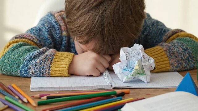 Young boy cry and frustrate on homework with crumple paper on the table