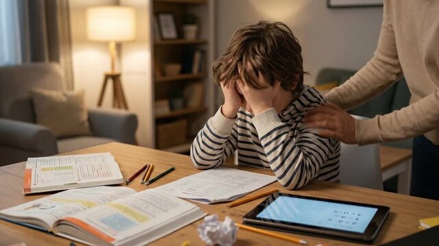 Young Child Struggle with Homework, Adult Offer Comfort and Support at Night