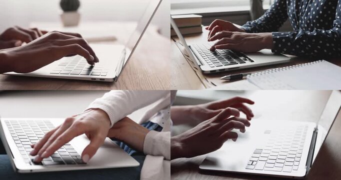 Hands of young businesspeople working at laptop, writing article, chatting online, using online application, neural network for job task, typing on keyboard. Four split cropped shots collage