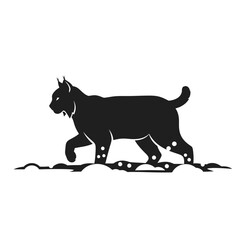 Obraz premium Silhouette of a Lynx Walking Across a Snowy Landscape in Black and White.