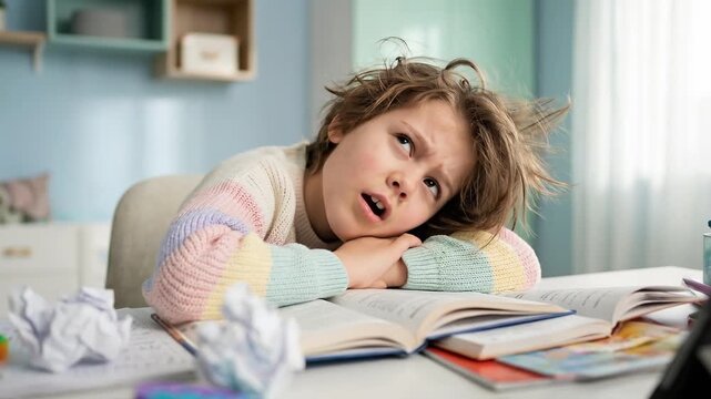 Tired Youth Struggling to Focus on Homework at Desk with Books and Messy Hair