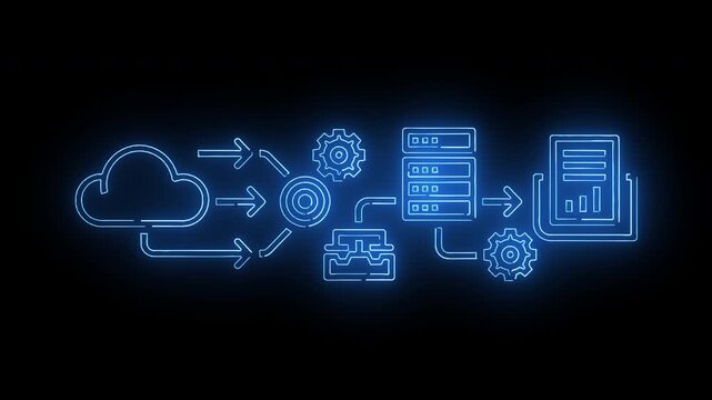 Neon-lit blue flowchart diagram with cloud, gears, and document icons on a dark background, conveying a technological and data processing concept.