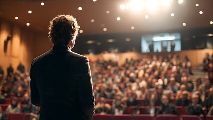 Fototapeta premium Public Speaker on Stage in Front of an Audience