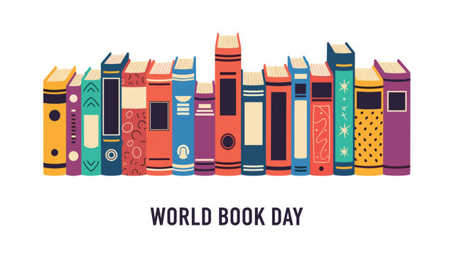 Long row of colorful book spines in various heights and designs for world book day on a clean white background.