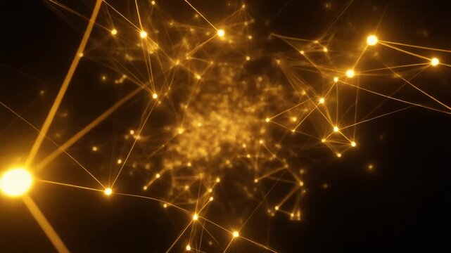 Network of interconnected nodes and lines glows brightly in a dark environment from a close-up viewpoint