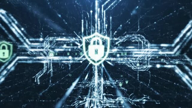 Digital security network with glowing lock icons and data flow