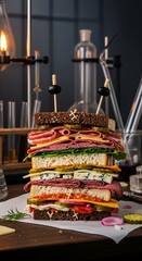 Giant sandwich on white paper table.