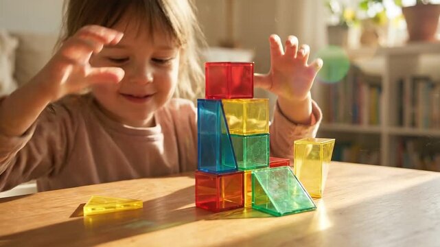 Happy Child Play with Colorful Building Blocks at Home, Learning and Development Activity