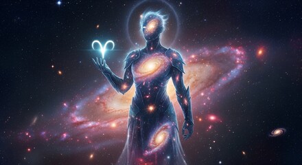 Naklejka premium Glowing humanoid figure in space galaxy.