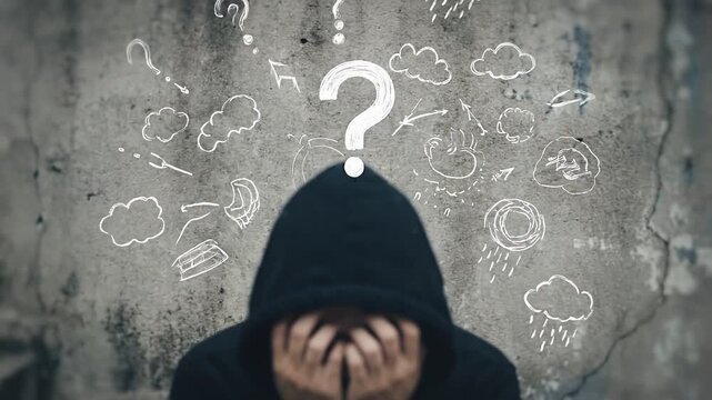 Person in black hoodie with head in hands, struggling with internal thoughts and confusion