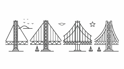 Black and white minimalist illustrations of various bridges with sky elements
