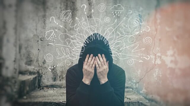 Person in black hoodie hides face in hands, swirling thoughts above, distress and mental health
