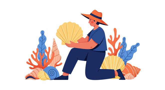 A person kneeling on the ocean floor surrounded by coral and seashells holding a large seashell