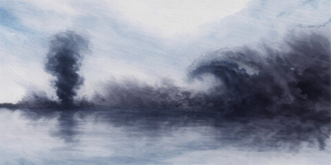 Dramatic grey clouds drift over a dark overcast sky as thick white fog settles above the water in this moody black and white nature landscape © AbidurRahman