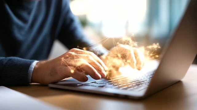 Close up of faceless hands using laptop with artificial intelligence powered optical character recognition graphics representing AI for data extraction automation document