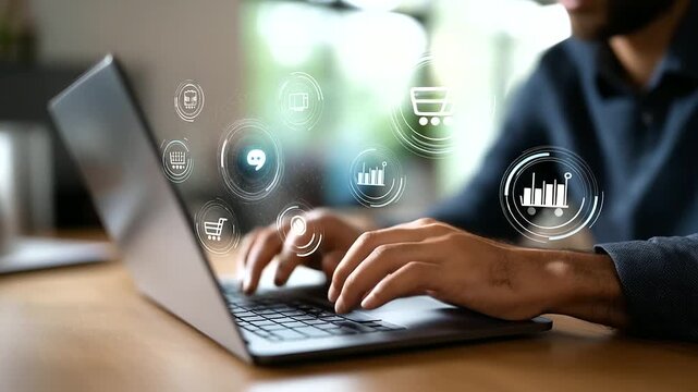 Faceless person interacting with agentic artificial intelligence interface on laptop featuring chatbot icons analytics graphs shopping cart symbols user interface elements rep