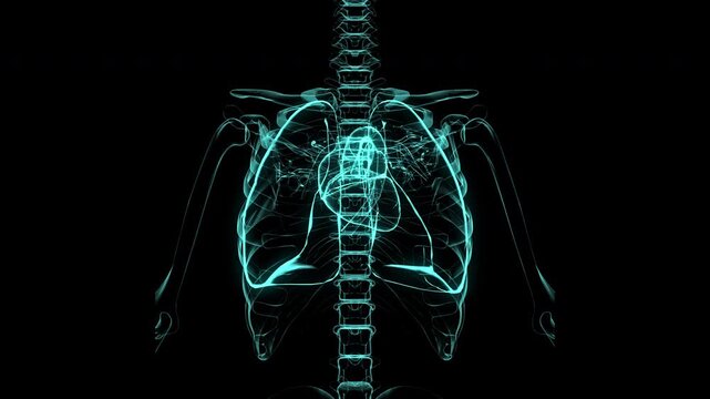 Glowing blue x-ray image of a human torso with spine and ribcage on a black background.