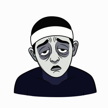 Exhausted cartoon man with dark circles and head bandage, depicting fatigue, illness, or stress. Vector illustration of a tired person.