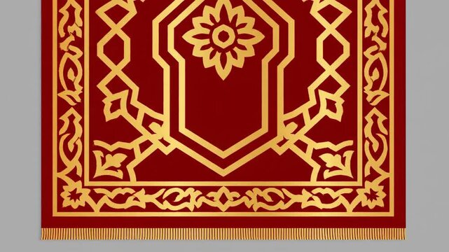 Elegant Red and Gold Islamic Prayer Rug with Intricate Patterns.