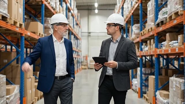 Two professional men in hard hats discussing logistics in a large warehouse with stacked inventory