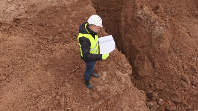 Professional construction worker wearing safety helmet and high visibility vest standing near large excavation pit and reviewing technical documentation at building site. Engineering supervision, site