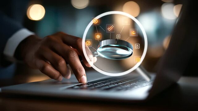 Faceless hand using magnifying glass to inspect warning and check icons on laptop screen representing system monitoring procedures debugging process error detection analysis