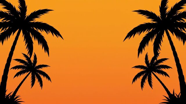 Silhouette Palm Trees Against Vibrant Orange Sunset Sky Tropical Paradise.