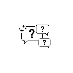 Illustration of three speech bubbles with question marks, symbolizing inquiry and conversation, viewed from a straightforward perspective.