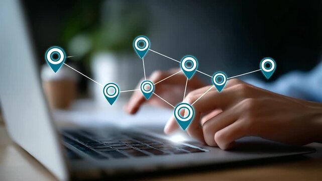 Faceless business person working on local search engine optimization strategy with digital marketing icons and location targeting visualization concept of online visibility