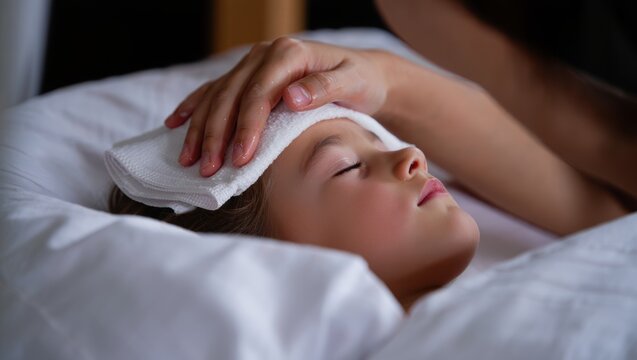 Close-up of a sick child with a high fever sleeping in bed while a caring hand holds a wet towel compress to the forehead