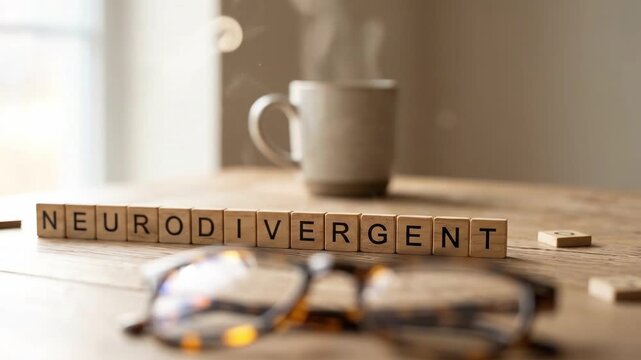Steaming Mug and Scrabble Tiles Spell Neurodivergent on Wooden Table
