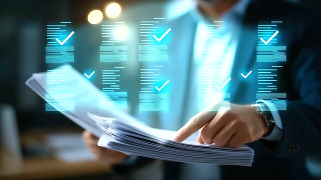 Faceless businessman using artificial intelligence technology for document verification and data validation analyzing and authenticating digital documents with checkmark and error