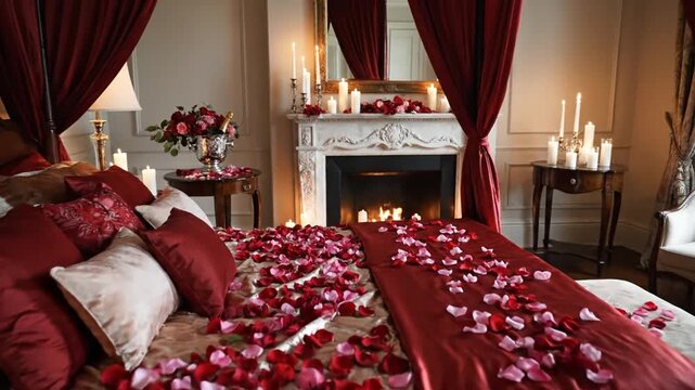 Romantic bedroom with rose petals, candles, and champagne