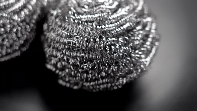 Stainless steel kitchen scrubber sponge. Metallic cleaning tool texture with twisted wire structure on dark ceramic background