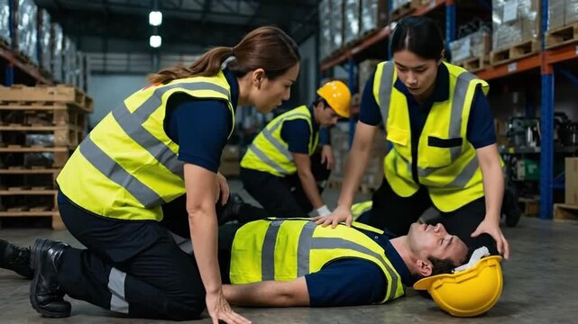 Emergency First Aid: Safety team performing CPR on injured worker in warehouse. Workplace accident response & safety training.