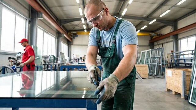 Skilled worker cutting large glass sheet in factory. Industrial glass manufacturing process, precision, and safety at work.