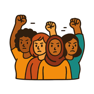 A bold cartoon-style sticker illustration of four diverse women standing shoulder to shoulder with fists raised in unity. Their determined expressions and strong poses symbolize empowerment, solidarit
