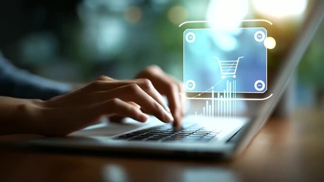 Faceless hands typing on laptop with upward bar chart and e commerce icon visualization symbolizing online sales growth trajectory digital marketing success business revenue inc