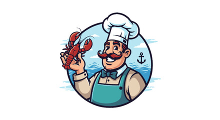 Cartoon Chef Holding Lobster Illustration.