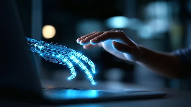 Faceless hand using laptop with artificial intelligence interface and programming code on virtual screen hologram representing generative AI technology prompt engineering machin