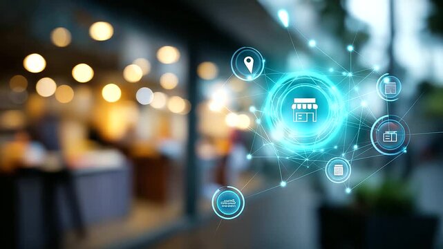 Franchise system concept with digital interface showing store icon data analytics dashboard checklist interface and location pin symbols representing organized business model