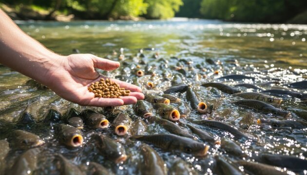 A human hand offers fish food pellets to a swarm of eager fish with open mouths in a sunny, clear river.